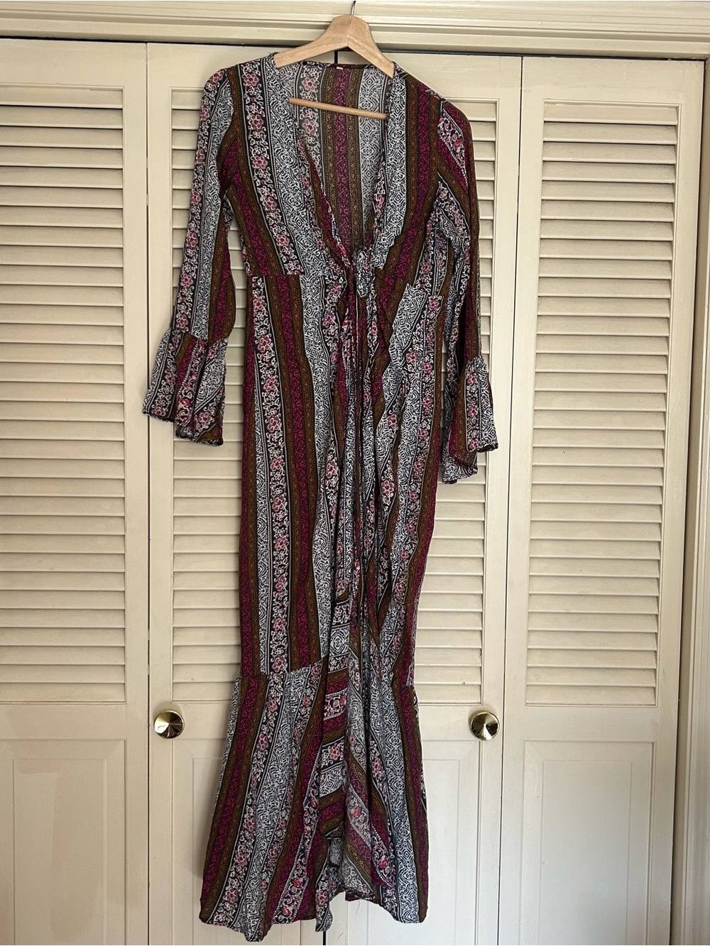 Striped Wrap Maxi Dress in Burgundy and Olive
